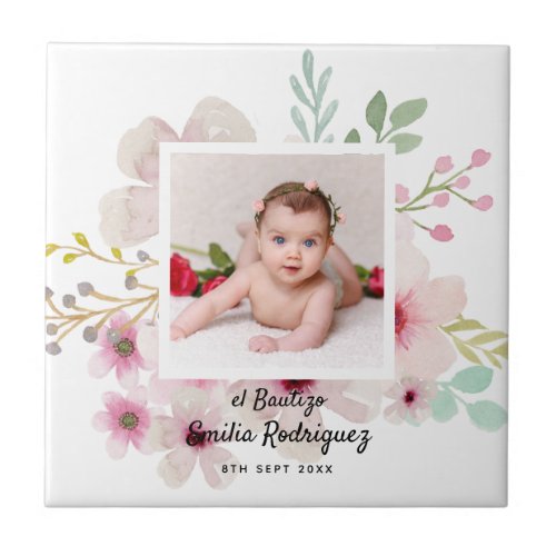 Pink Floral Rose PHOTO BAUTIZO Baptism Girls Named Ceramic Tile