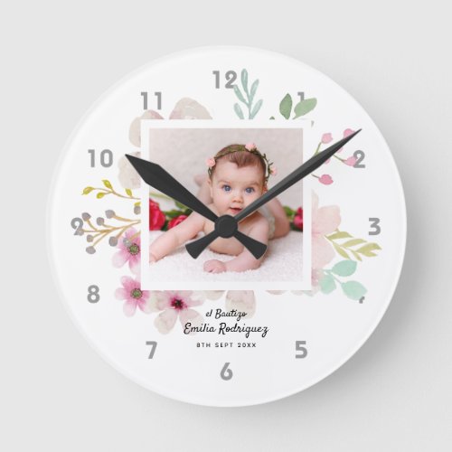 Pink Floral Rose PHOTO BAUTIZO Baptism Girls Named Round Clock