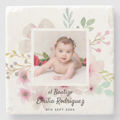 Pink Floral Rose PHOTO BAUTIZO Baptism Girls Named Stone Coaster