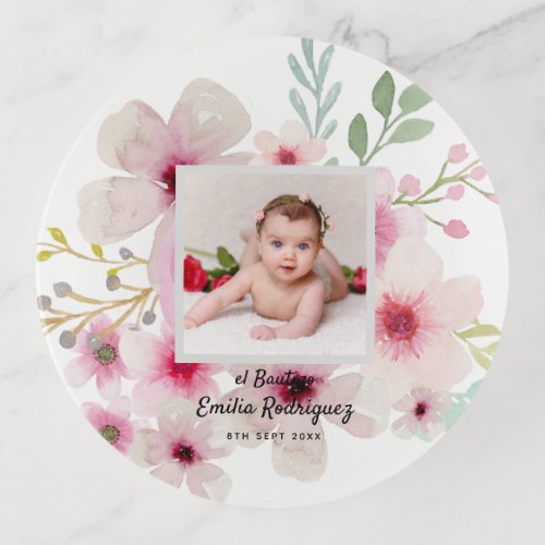 Pink Floral Rose PHOTO BAUTIZO Baptism Girls Named Trinket Tray