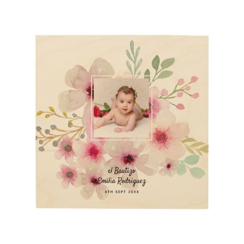 Pink Floral Rose PHOTO BAUTIZO Baptism Girls Named Wood Wall Art