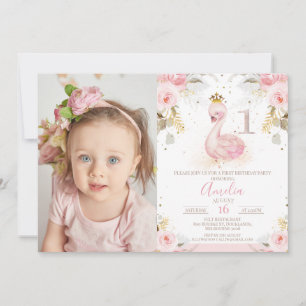 Pink Floral Rose Photo Princess Swan 1st Birthday Invitation