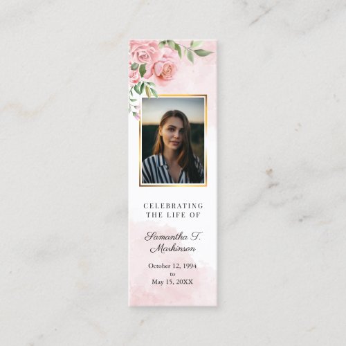 Pink Floral Rose Photo Watercolor Bookmark Mini Business Card