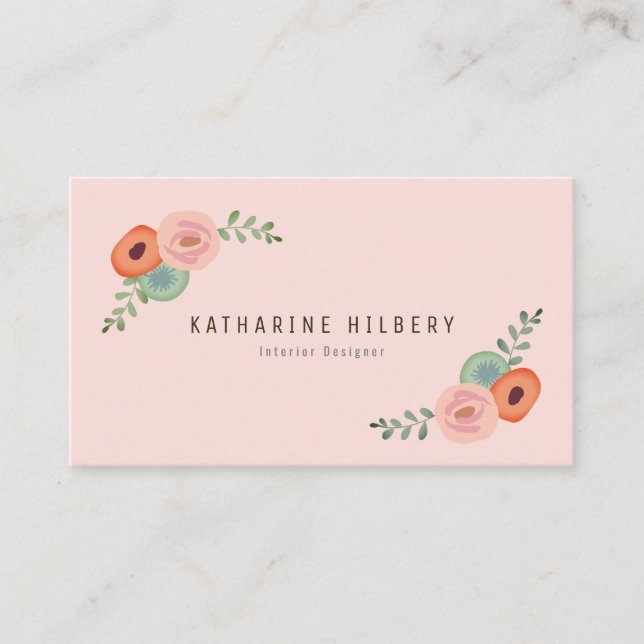 Pink Floral Rose & Poppy Business Card (Front)