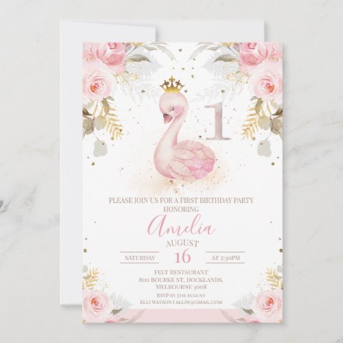 Pink Floral Rose Princess Swan 1st Birthday Invitation