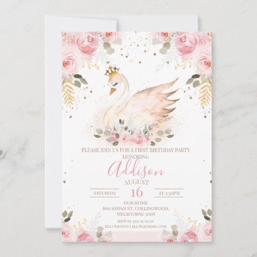 Pink Floral Rose Princess Swan Birthday Invitation