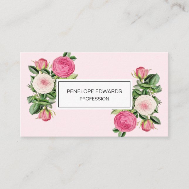 Pink floral rose trendy & elegant business card (Front)
