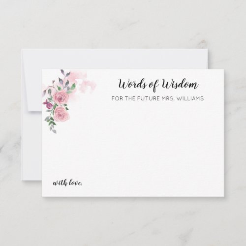 Pink Floral Rose Watercolor Bridal Shower Advice Note Card