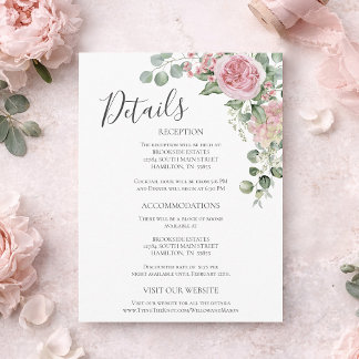 Pink Floral Rose Wedding Details Enclosure Card