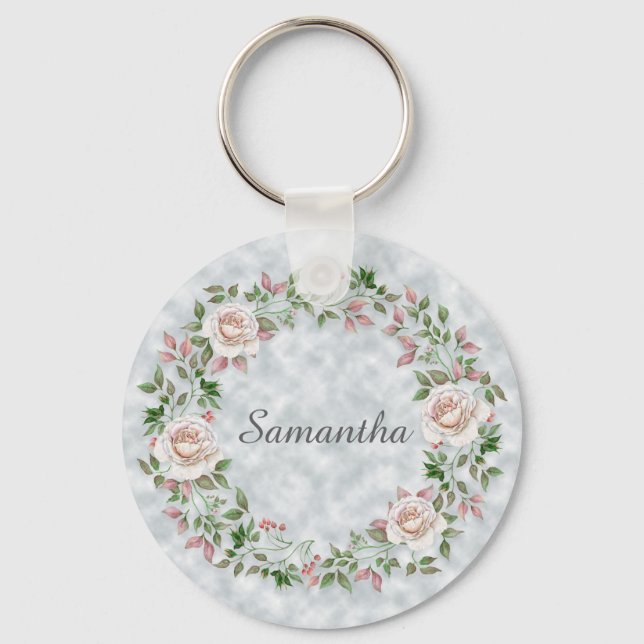 Pink Floral Rose Wreath and Leaves on Light Blue Keychain (Front)