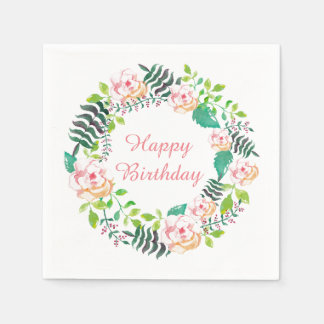 Pink Floral Rose Wreath Happy Birthday Paper Napkins