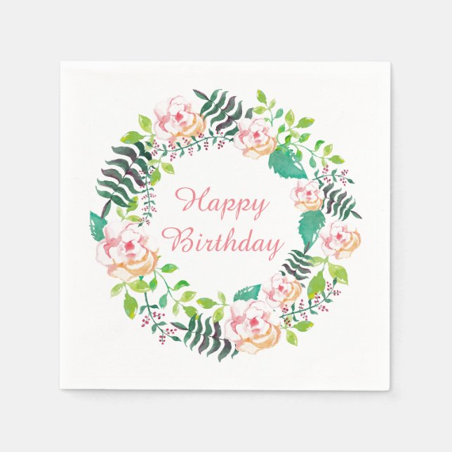 Pink Floral Rose Wreath Happy Birthday Paper Napkins (Front)
