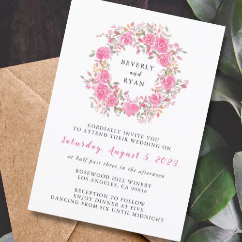 Pink Floral Rose Wreath Wedding Invitation