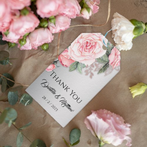 Pink Floral Roses and Elegant Silver Thank You Gift Tags