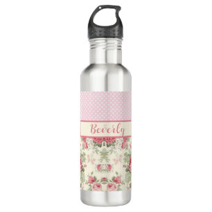 Pink Floral Roses and Pink and White Polka Dots Stainless Steel Water Bottle