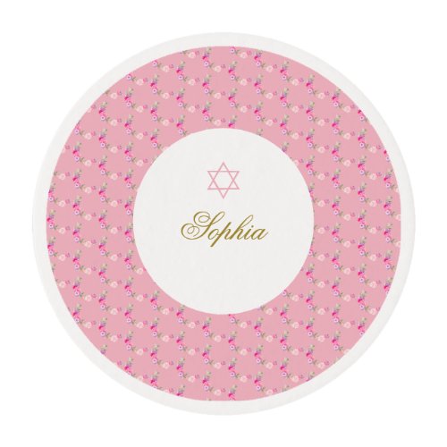 Pink Floral Roses Baby Naming Jewish Star of David Edible Frosting Rounds
