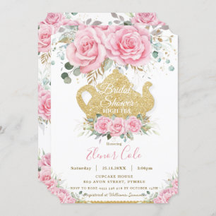 Pink Floral Roses Bridal Shower High Tea Party Invitation