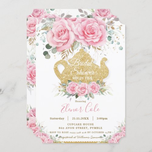 Pink Floral Roses Bridal Shower High Tea Party  Invitation