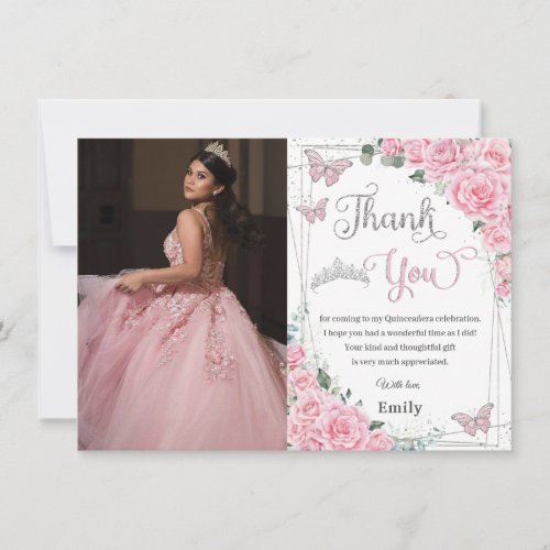 Pink Floral Roses Butterfly Sweet 16 Quinceaera  Thank You Card