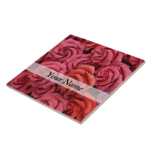 Pink floral roses ceramic tile