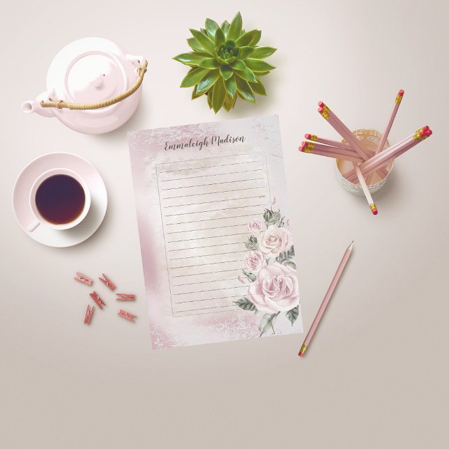 Pink Floral Roses Elegant Lined Personalized Post-it Notes (Creator Uploaded)