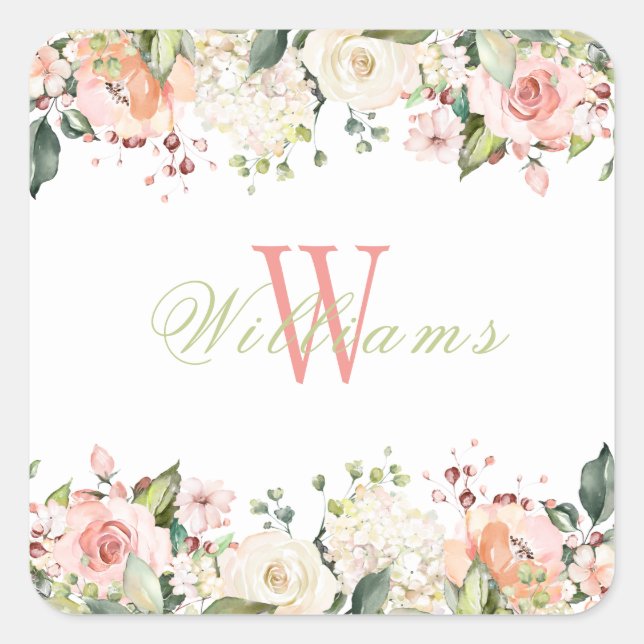 Pink Floral Roses Elegant Monogram Name Square Sticker (Front)