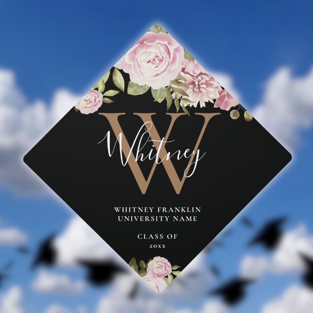 Pink Floral Roses Elegant Script Gold Monogram Graduation Cap Topper (Pink Floral Roses Elegant Script Gold Monogram Graduation Cap Topper)