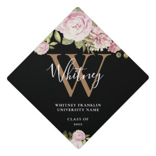Pink Floral Roses Elegant Script Gold Monogram Graduation Cap Topper