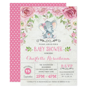 Pink Floral Roses Elephant Baby Shower Invitation
