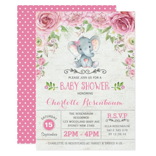 Pink Floral Roses Elephant Baby Shower Invitation Zazzle Com