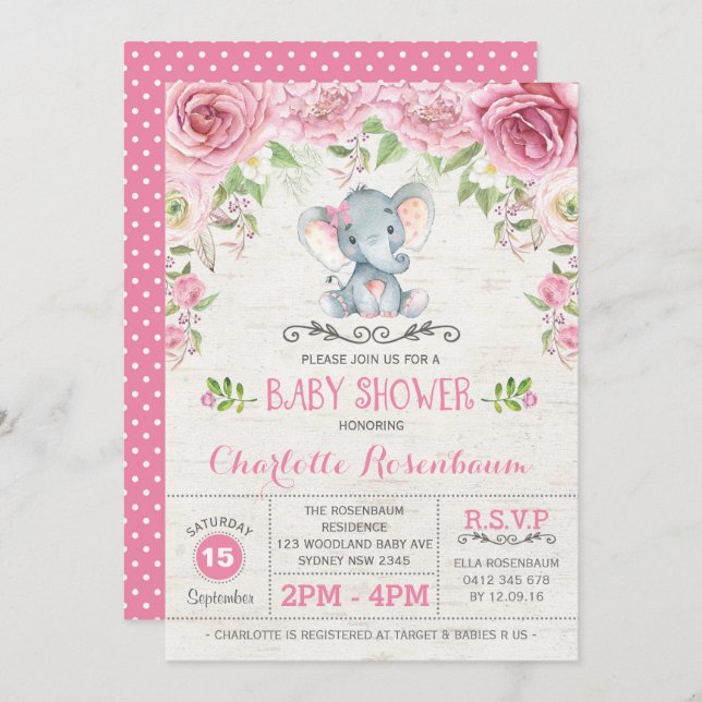 Pink Floral Roses Elephant Baby Shower Invitation (Front/Back)