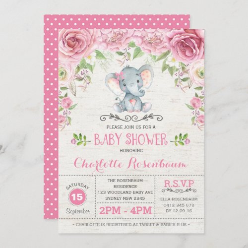Pink Floral Roses Elephant Baby Shower Invitation