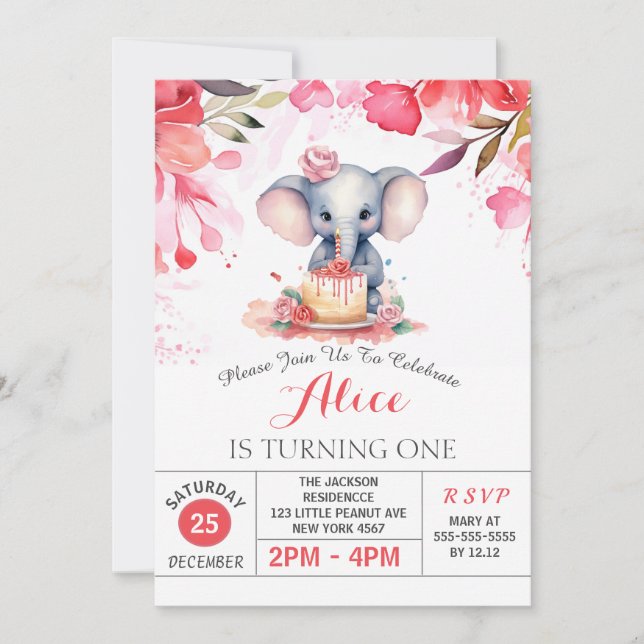 Pink Floral Roses Elephant Birthday Party Invitation (Front)