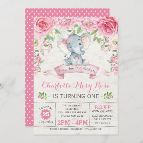 Pink Floral Roses Elephant Birthday Party Invite