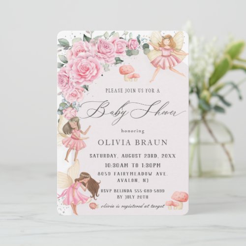 Pink Floral Roses Fairies Arch Baby Shower Invitation