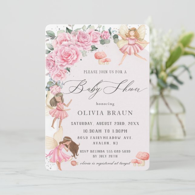 Pink Floral Roses Fairies Arch Baby Shower Invitation (Standing Front)