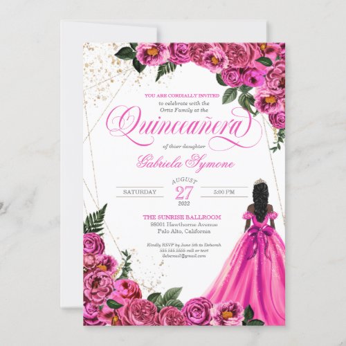 Pink Floral Roses  Gold Elegant Gown Quinceaera  Invitation