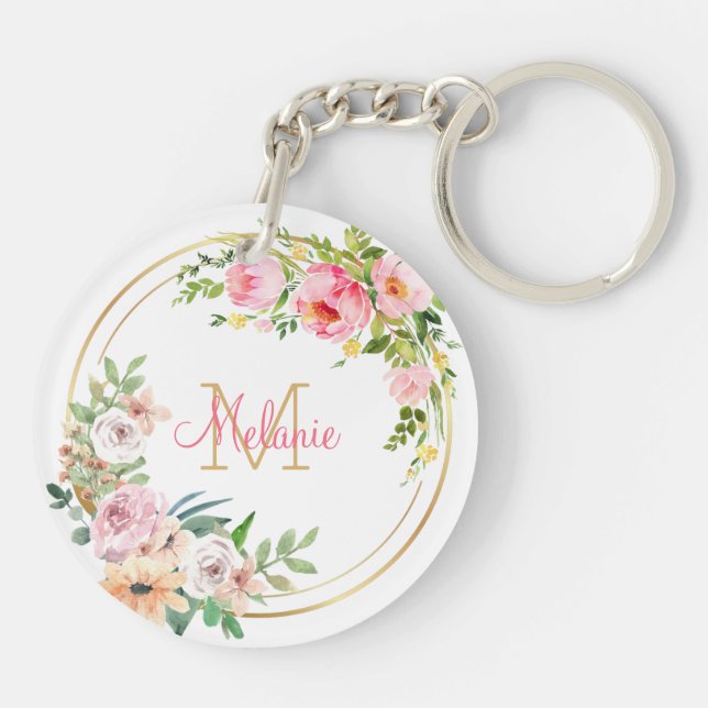 Pink Floral Roses - Gold Frame - Personalized Keychain (Back)
