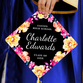 Pink Floral Roses Gold Watercolor Name Year School Graduation Cap Topper by girlygirlgraphics at Zazzle