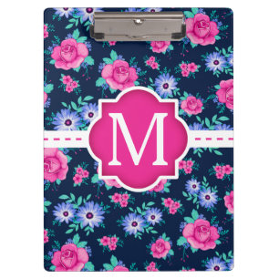 Pink Floral Roses Pattern Custom Monogram Clipboard