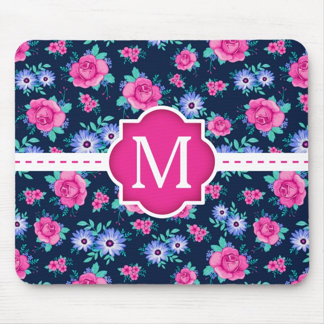 Pink Floral Roses Pattern Custom Monogram Mouse Pad (Front)