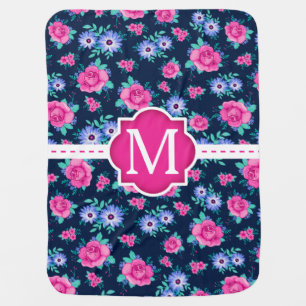 Pink Floral Roses Pattern Custom Monogram Receiving Blanket