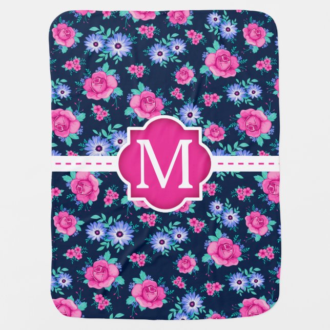 Pink Floral Roses Pattern Custom Monogram Receiving Blanket (Front)