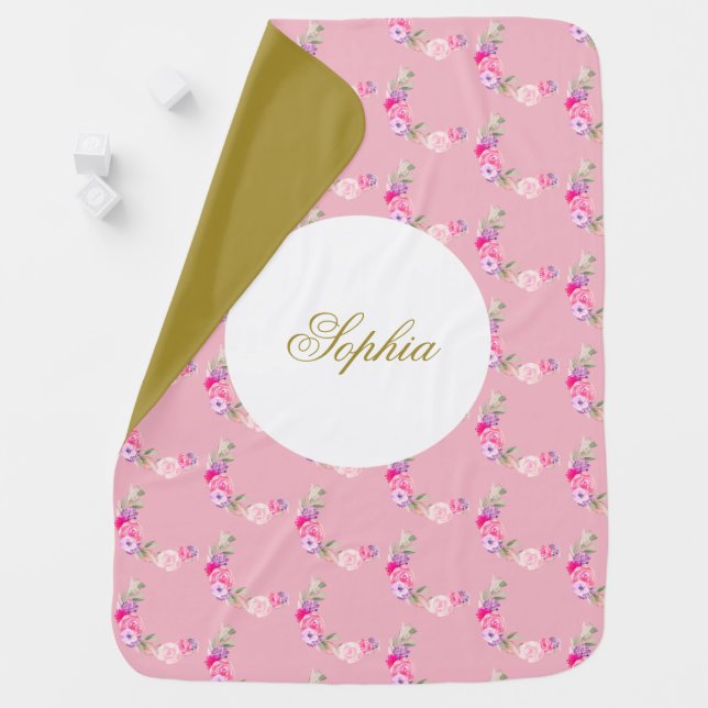 Pink Floral Roses Patterned Personal Name Baby Blanket (In Situ)