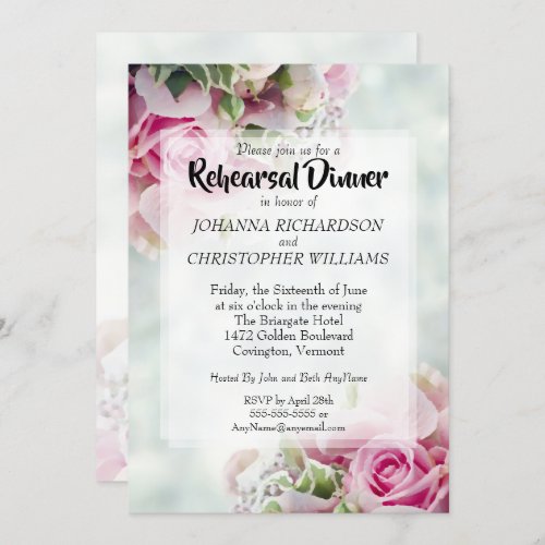 Pink Floral Roses  Peony Wedding Rehearsal Dinner Invitation