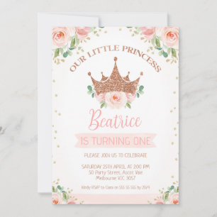 Pink Floral Roses Princess Crown 1st Birthday Invitation