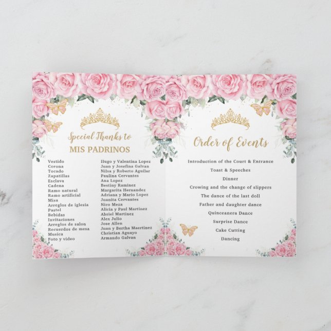 Pink Floral Roses Quinceanera Princess Butterflies Program (Inside)