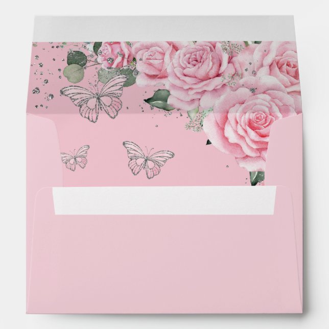 Pink Floral Roses Quinceañera Sweet 16 Butterflies Envelope (Back (Bottom))