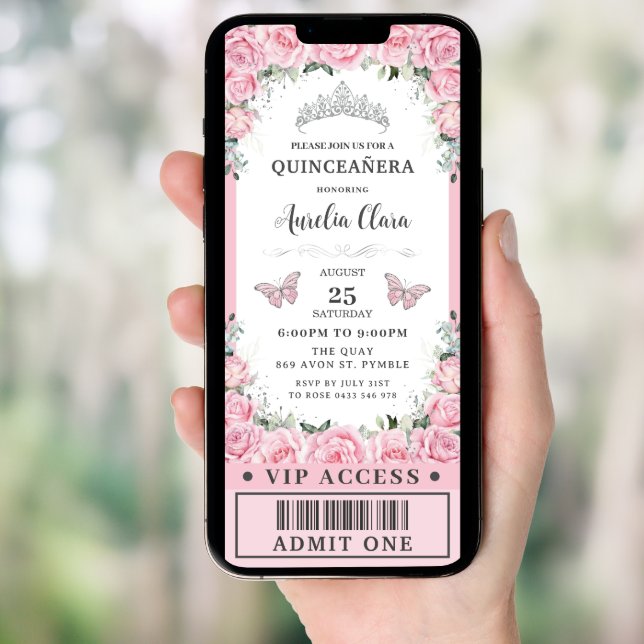 Pink Floral Roses Quinceañera Sweet 16 VIP Ticket Invitation (Front Digital)
