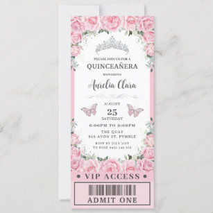 Pink Floral Roses Quinceañera Sweet 16 VIP Ticket Invitation